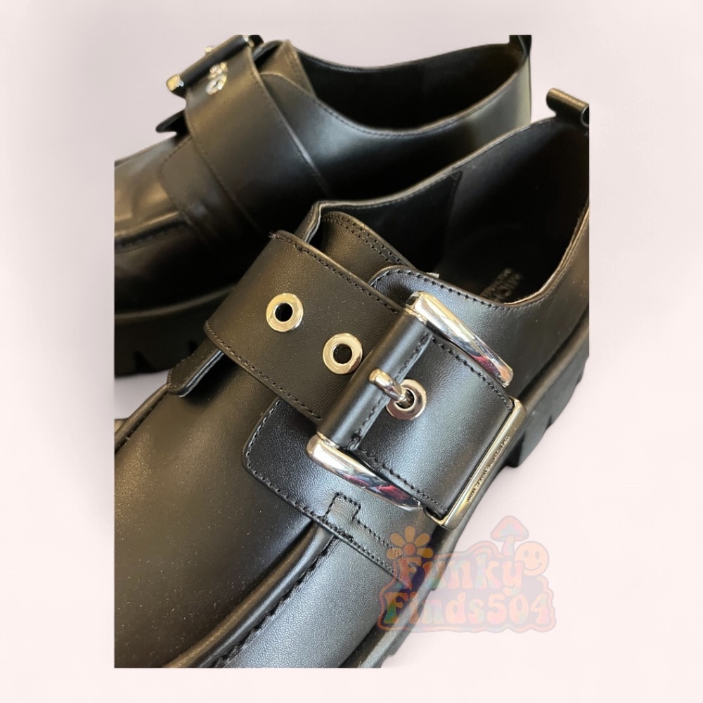 NWT Michael Kors Colby Leather Platform Black Chic Edgy Retro Loafers Size 8.5 - Picture 3 of 11